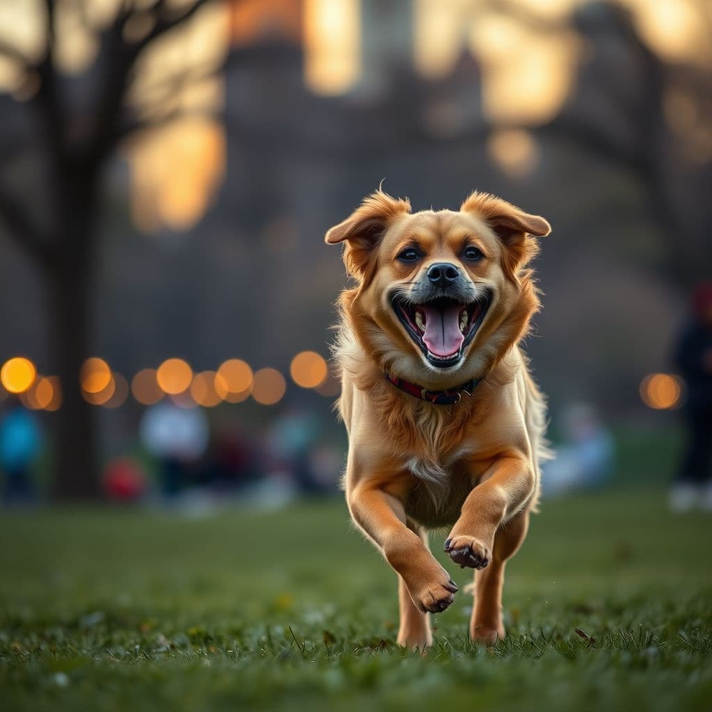 Perro mestizo feliz corriendo en un parque soleado