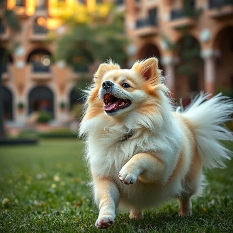 Pomerania cachorro blanco y naranja jugando en un jardín soleado