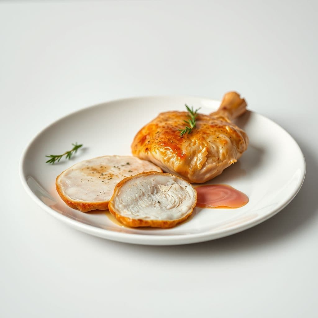 Pollo cocido y pescado fresco preparados para la alimentación de un perro.