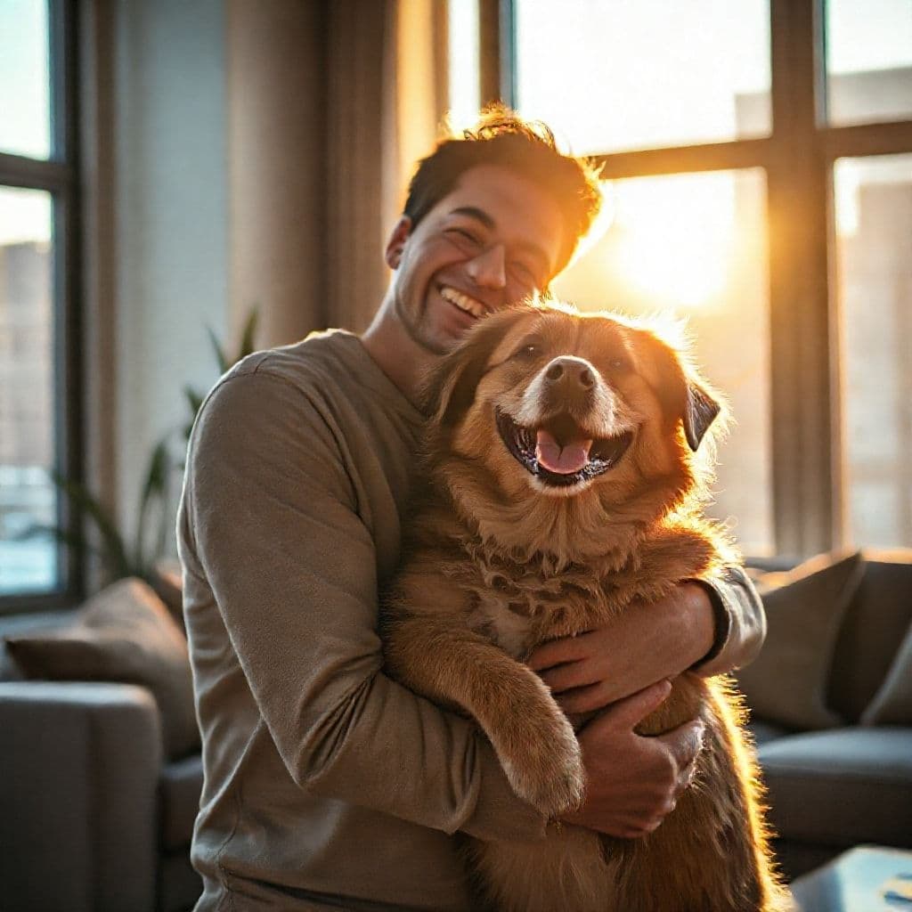Dueño abrazando a su perro de manera cariñosa en un entorno positivo