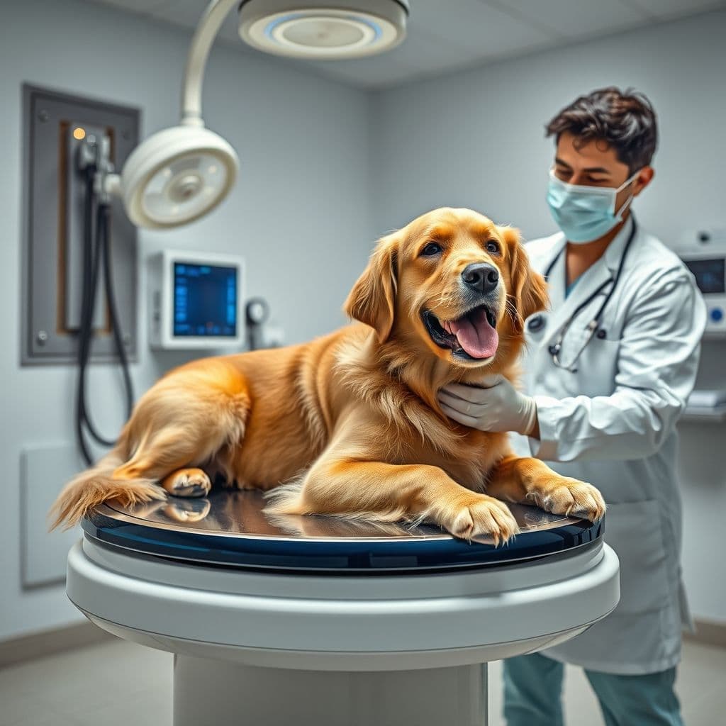 Veterinario pesando a un perro golden retriever en la clínica con báscula profesional