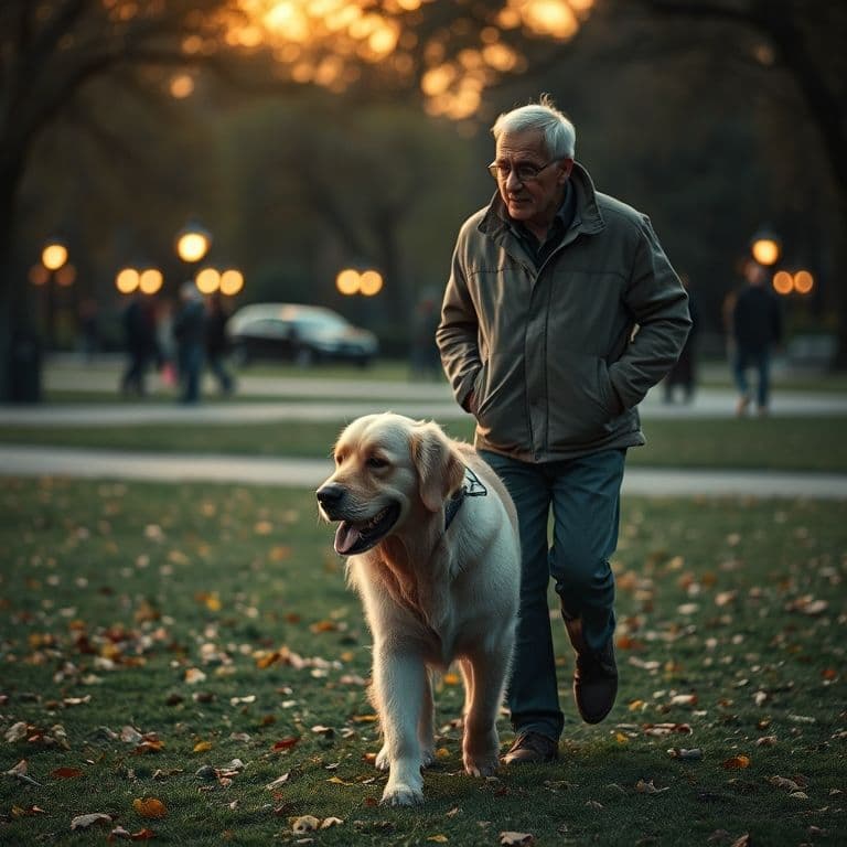Persona paseando con perro senior con movilidad reducida en parque al atardecer