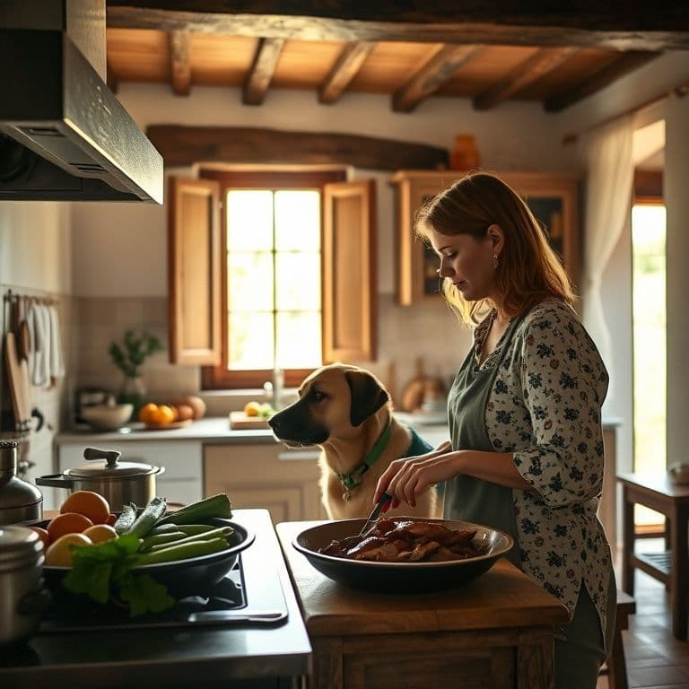Preparación comida casera saludable para perro en cocina