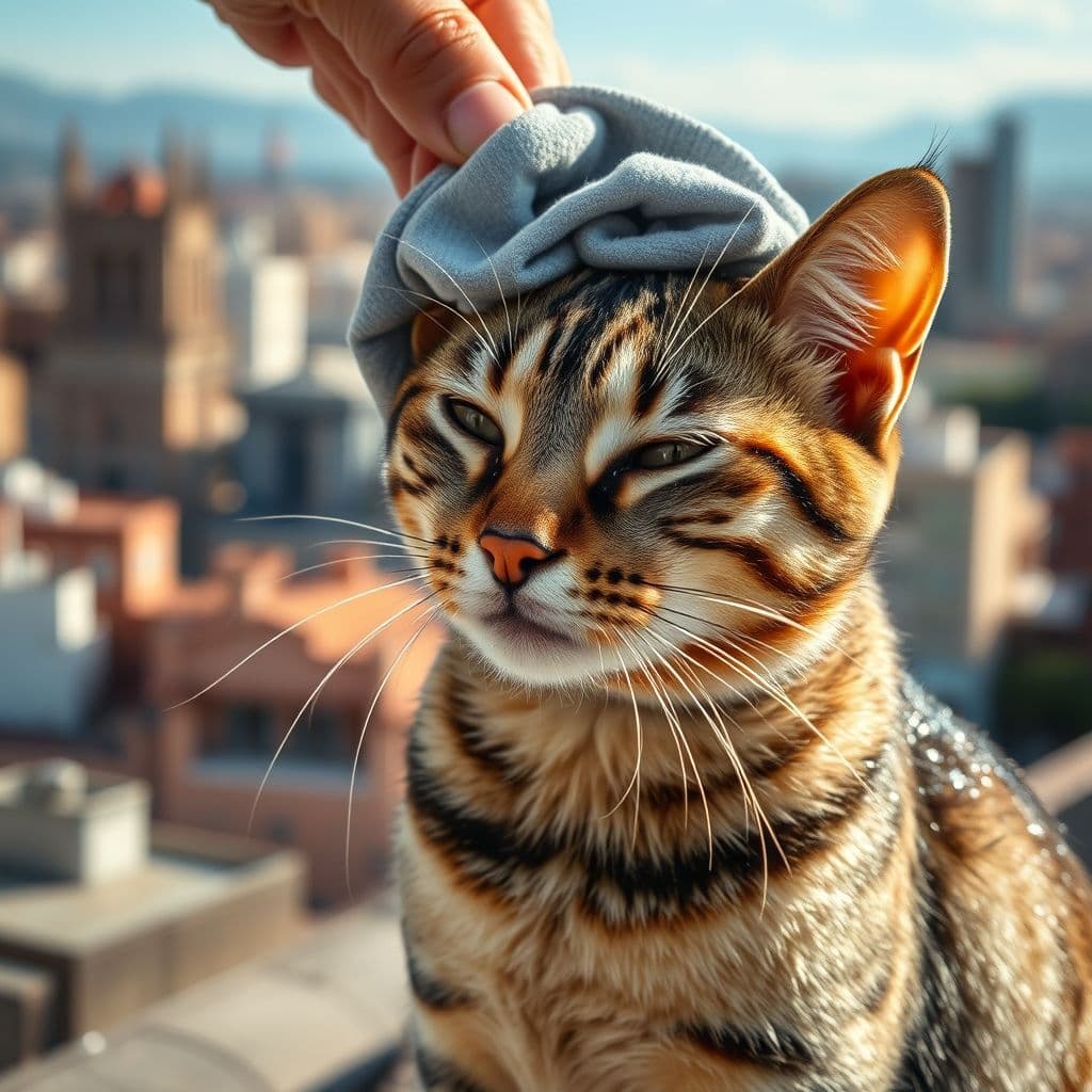 Gato siendo refrescado con una toalla húmeda en día caluroso