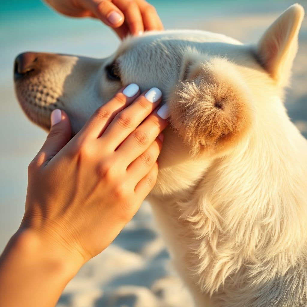 Dueño aplicando protector solar en las orejas de un perro blanco en un entorno soleado.