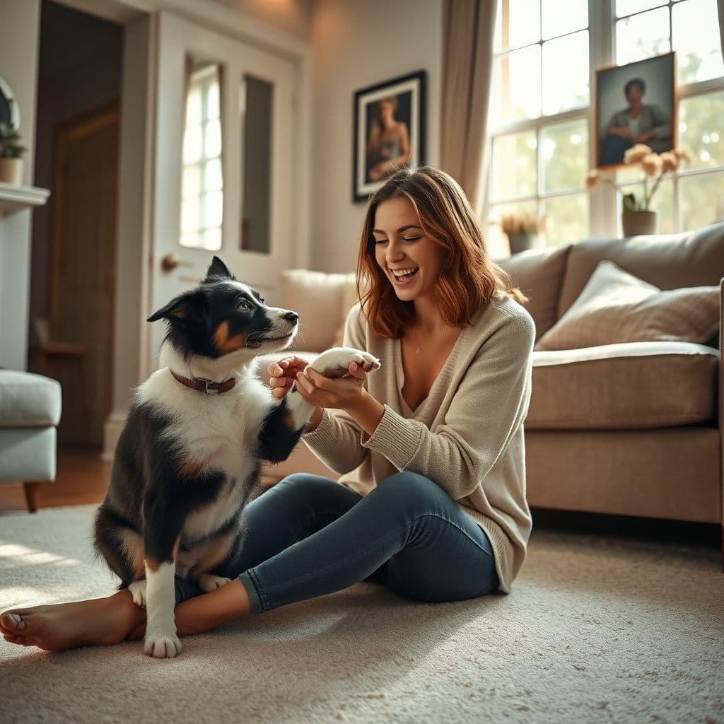 Dueño enseñando a su perro a controlar la fuerza de mordida
