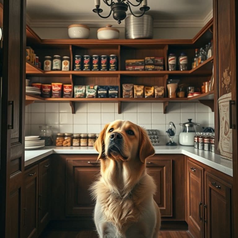 Armario de cocina organizado con chocolate en estantes superiores y golosinas para perros en estantes inferiores