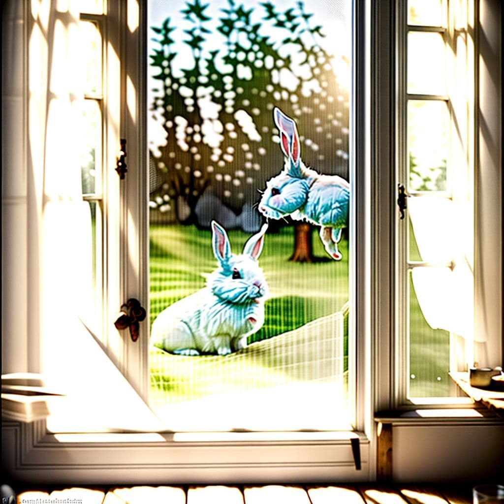 Conejo blanco comiendo heno en un ambiente doméstico tranquilo