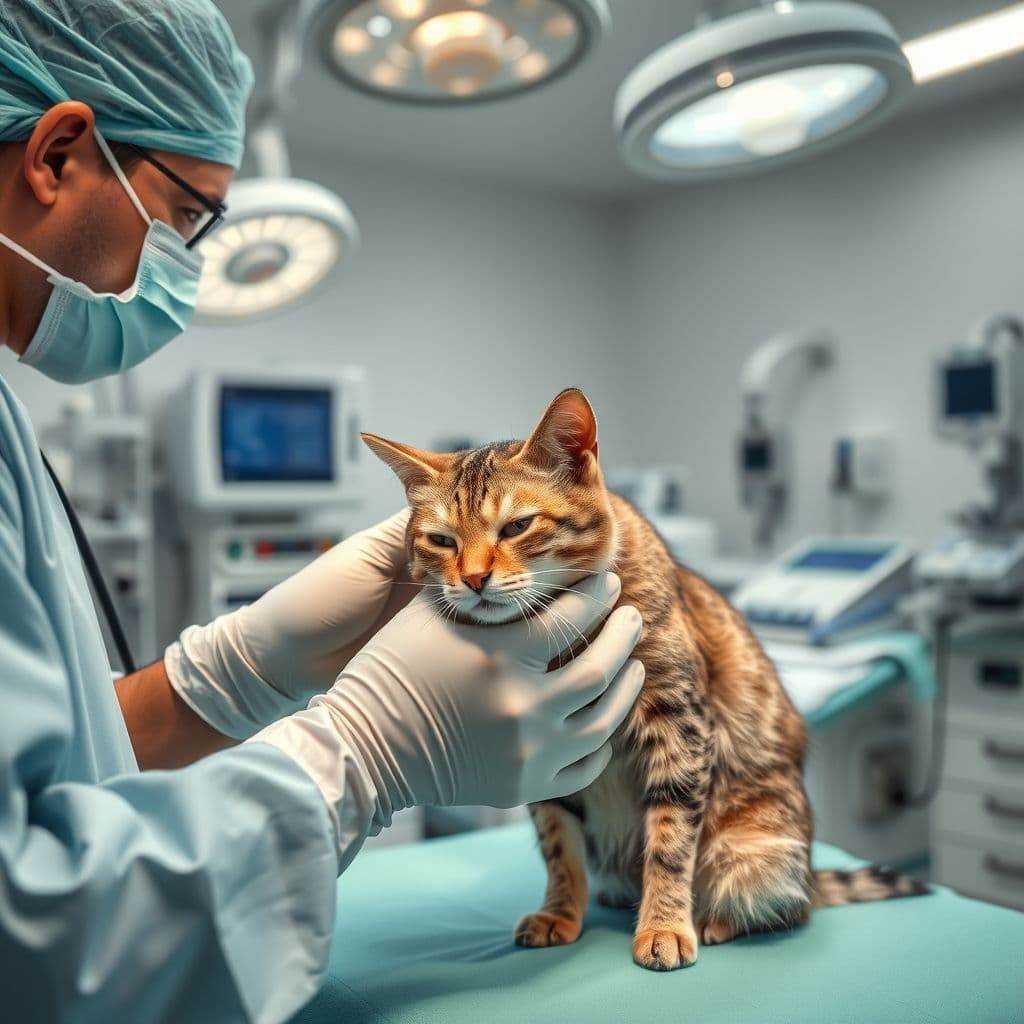 Veterinario realizando esterilización a gato callejero en clínica