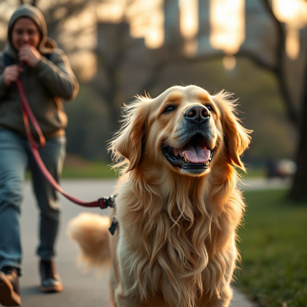 Perro caminando tranquilamente junto a su dueño sin tirar de la correa en un parque soleado