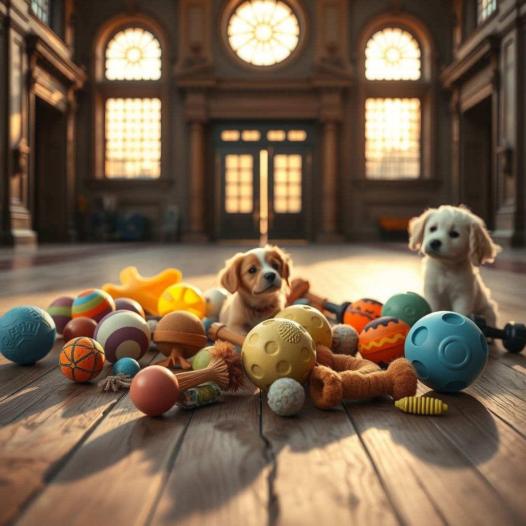 Diversos juguetes interactivos para cachorros dispuestos en el suelo