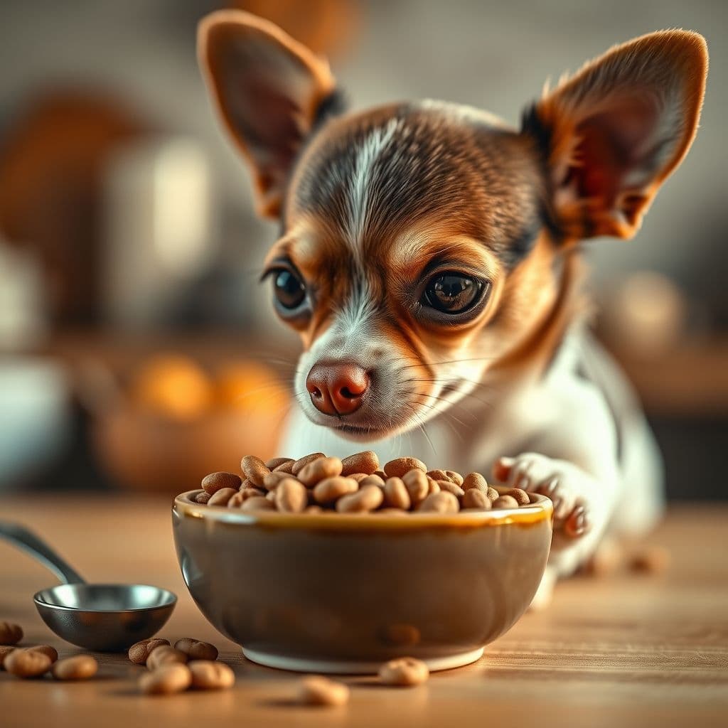 Chihuahua mini toy comiendo de plato pequeño con alimento especializado