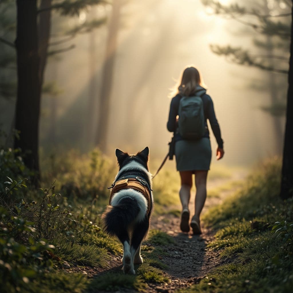 Mujer paseando Border Collie con arnés de seguridad en área natural aislada