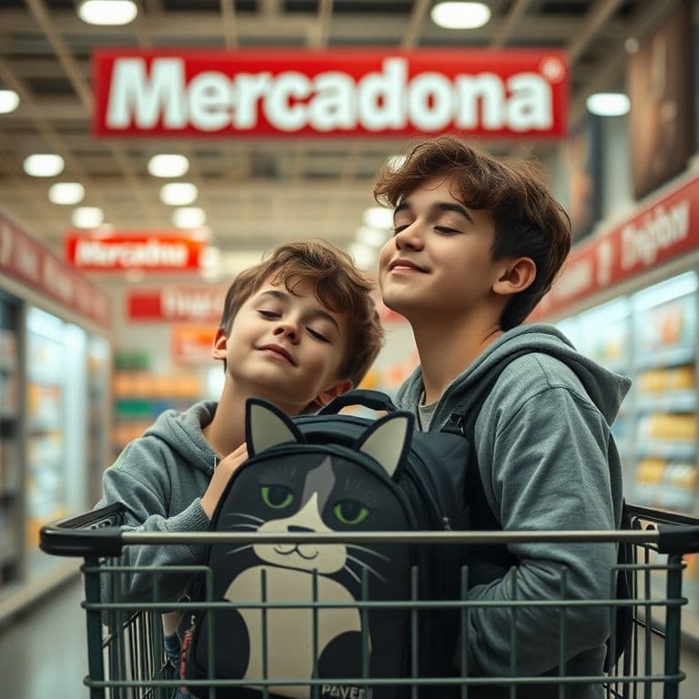 Chema y Arantxa conociéndose en la caja del supermercado, mochila con gatitos visible