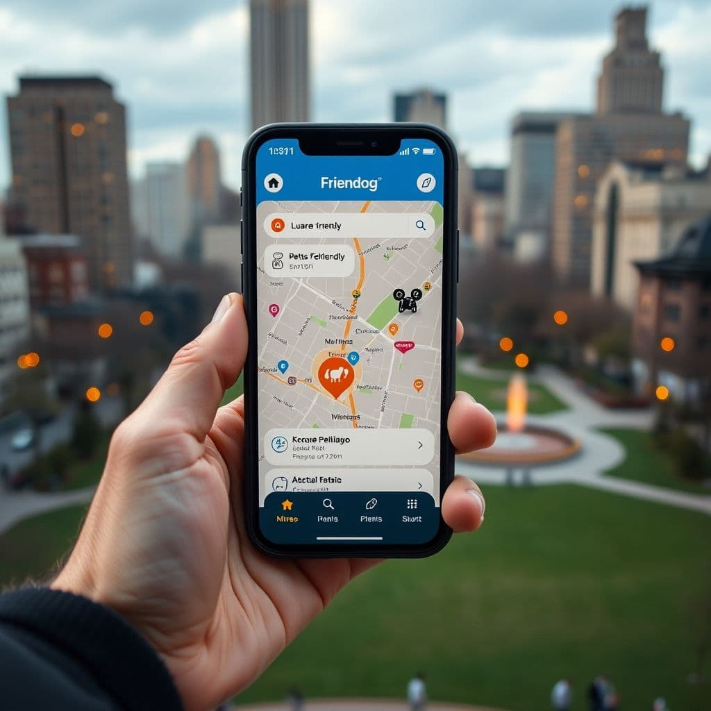 Interfaz de la app Friendog mostrando mapa con ubicaciones pet-friendly y alertas de peligro
