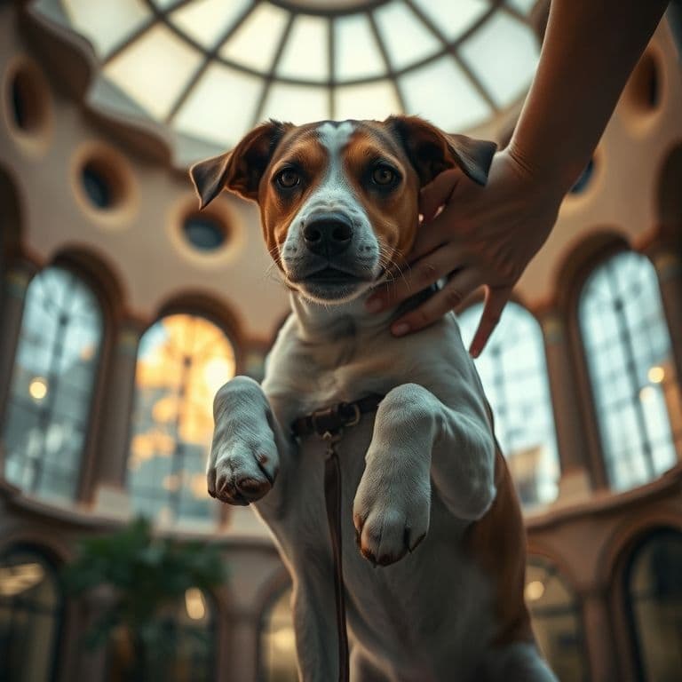 Dueño demostrando la técnica correcta para cargar a un perro, con manos en el pecho y trasero del animal.