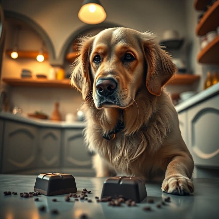 Perro con expresión preocupada junto a tableta de chocolate derretida en el suelo de una cocina