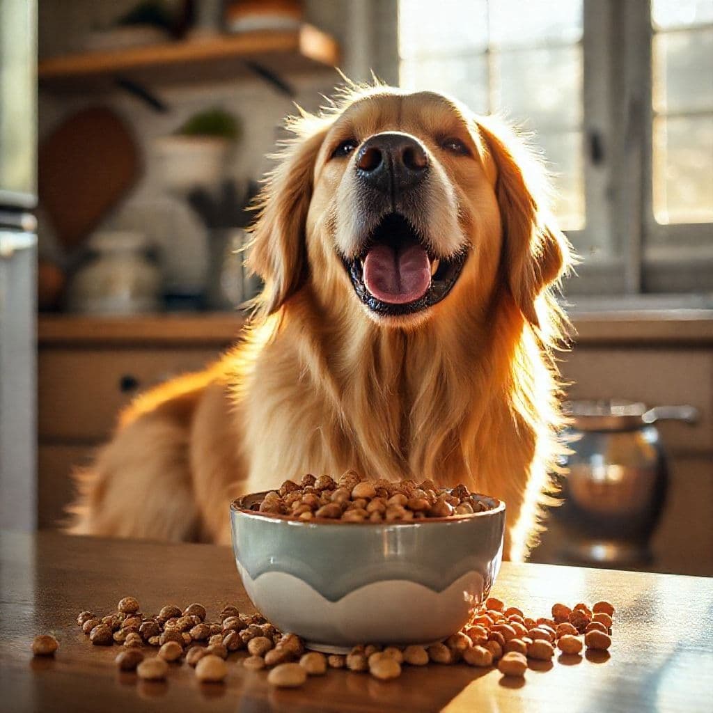 Perro feliz comiendo pienso de un bowl con ingredientes naturales añadidos