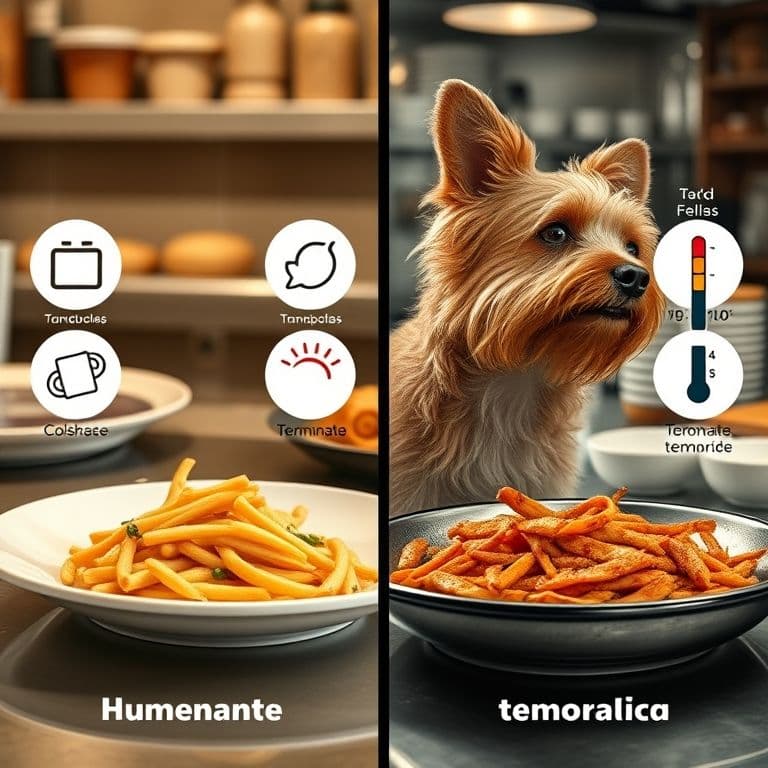 Comparación visual entre comida demasiado caliente y comida a temperatura adecuada para perros