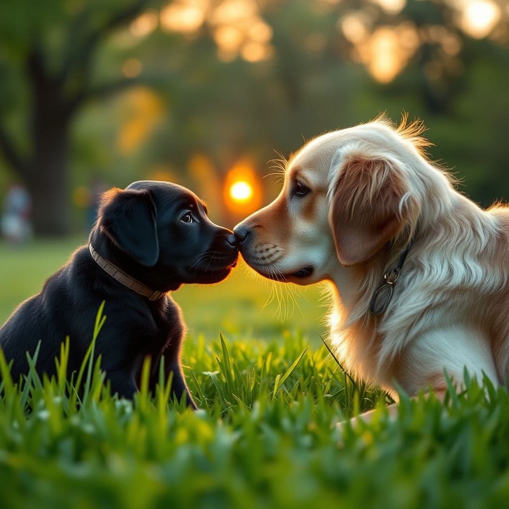 Cachorro interactuando con otro perro adulto en un parque