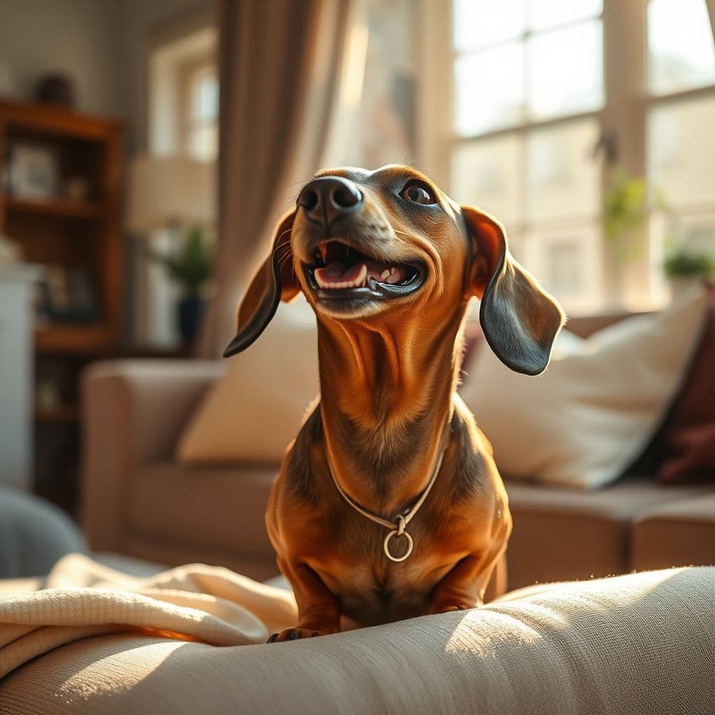 Perro salchicha siendo limpiado suavemente con paño húmedo en un ambiente hogareño