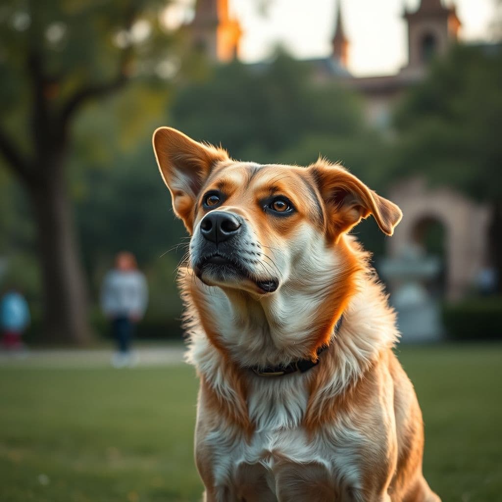 Perro de tamaño mediano con expresión de miedo, detenido durante un paseo en un parque urbano.