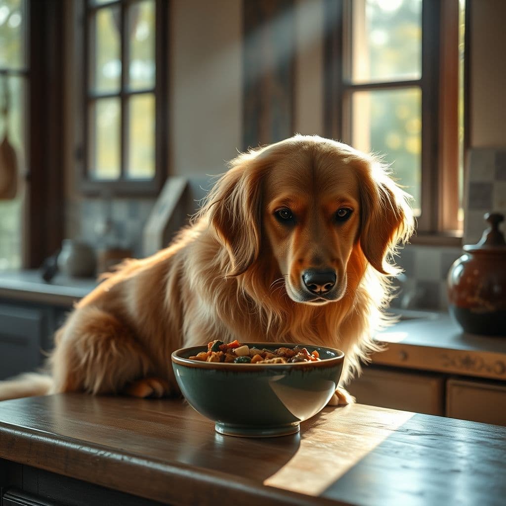 Perro feliz comiendo de su plato en una cocina soleada