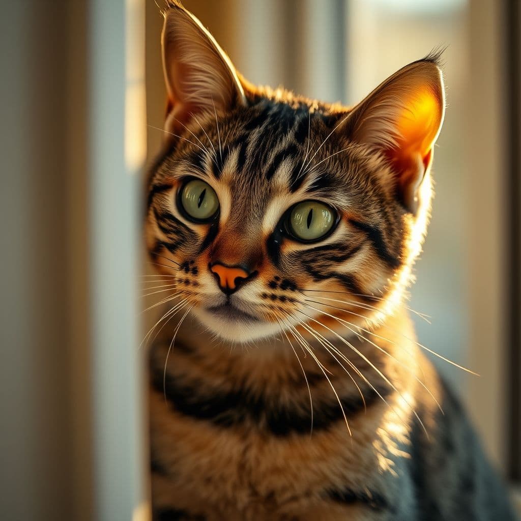 Gato doméstico mirando por la ventana con expresión curiosa