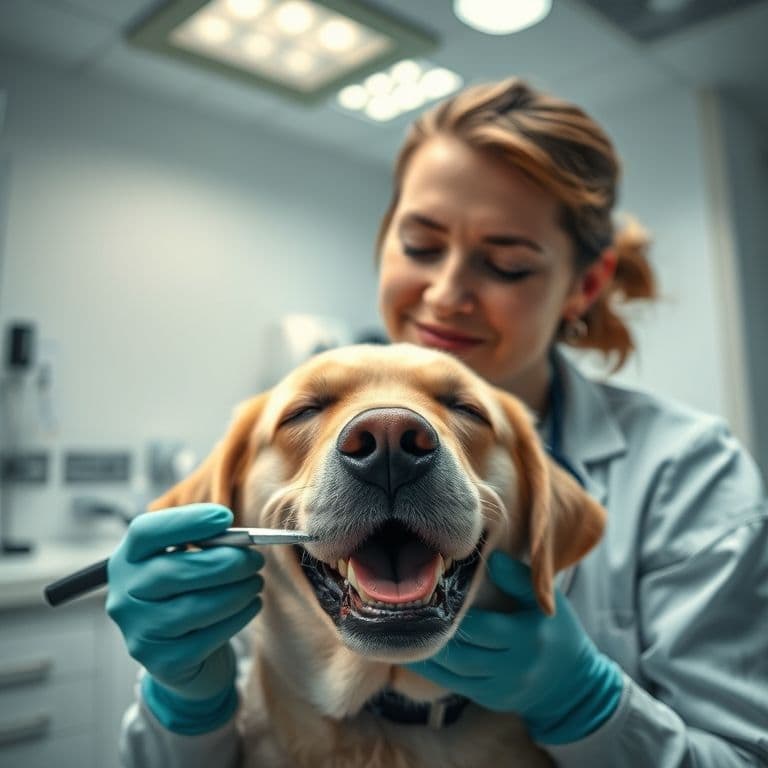 Dueño cepillando los dientes de su cachorro con productos especializados