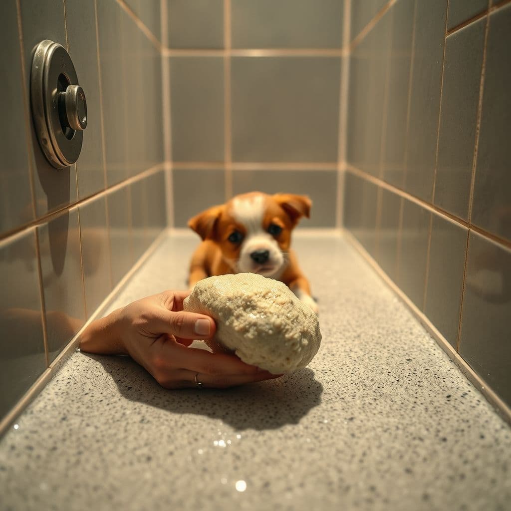 Dueño colocando pañal con orina en el lugar designado para el cachorro