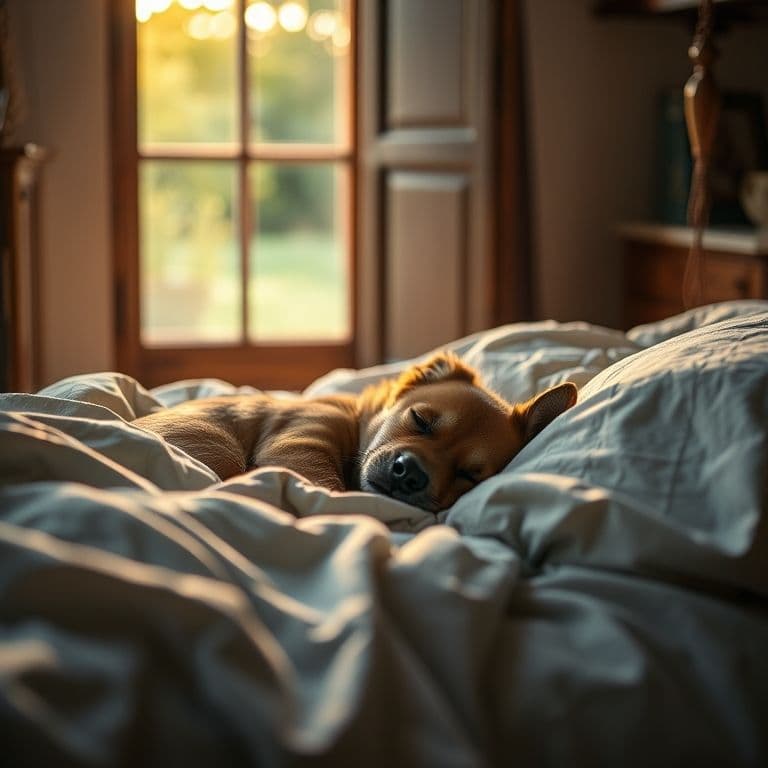 Cachorro durmiendo plácidamente en una cama económica con mantas suaves
