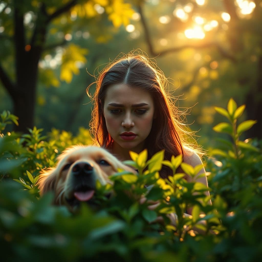 Persona buscando desesperadamente a su perro perdido en un parque al atardecer
