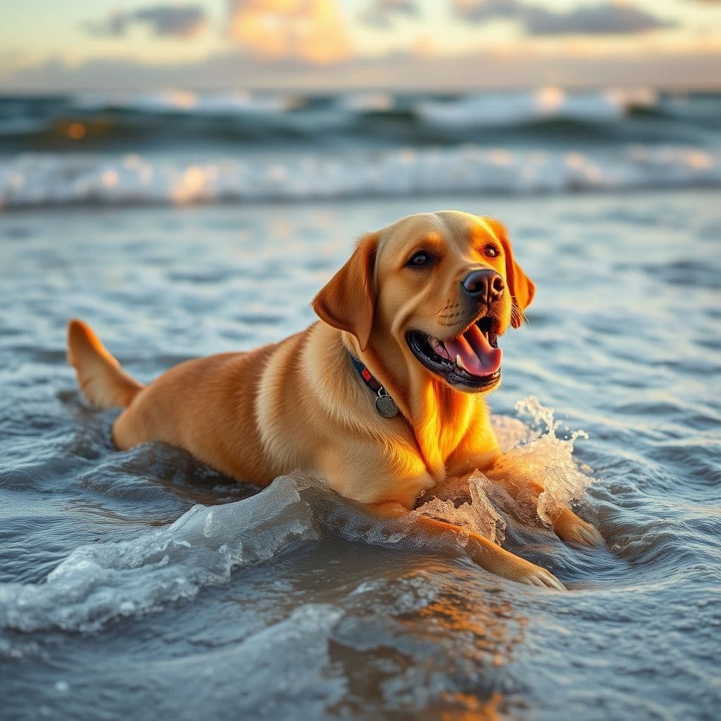 Perro con chaleco salvavidas en el mar