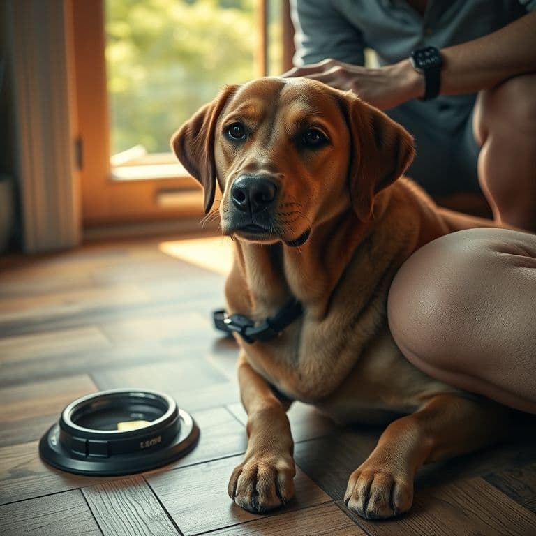 Dueño acariciando a un perro que ha tenido un accidente en casa, mostrando comprensión en lugar de enfado