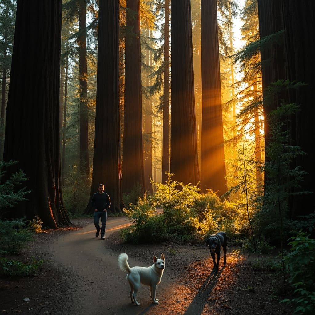 Hombre y perro paseando juntos por el bosque, mostrando sus diferentes formas de experimentar el entorno