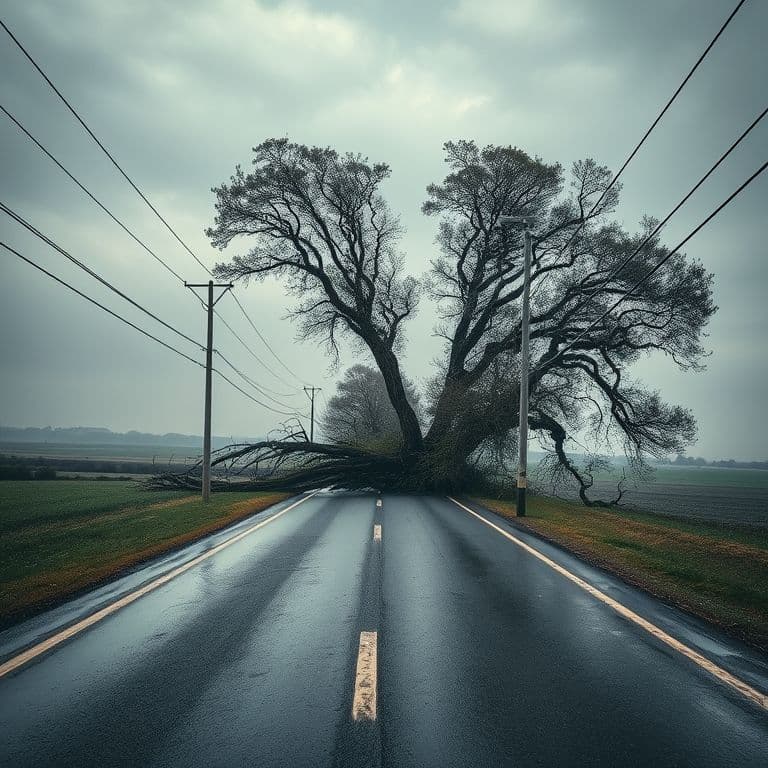 Carretera cortada en Carlet con árboles caídos y cables de alta tensión dañados