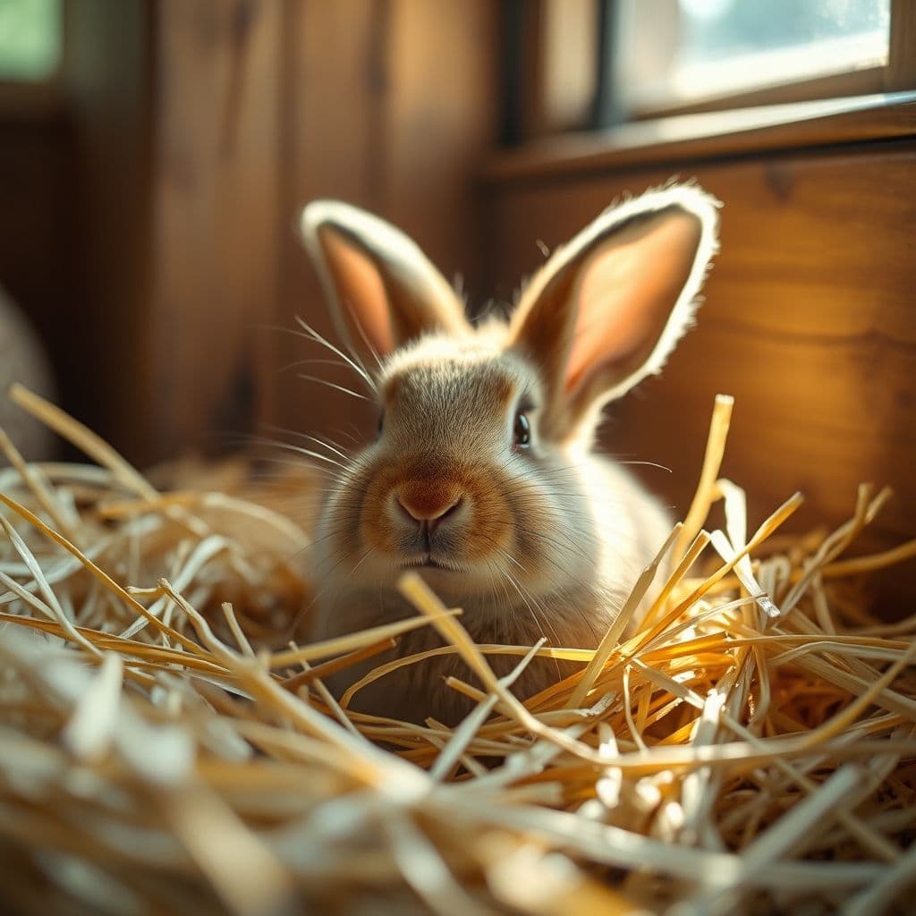 Conejo usando correctamente esquinero con heno fresco