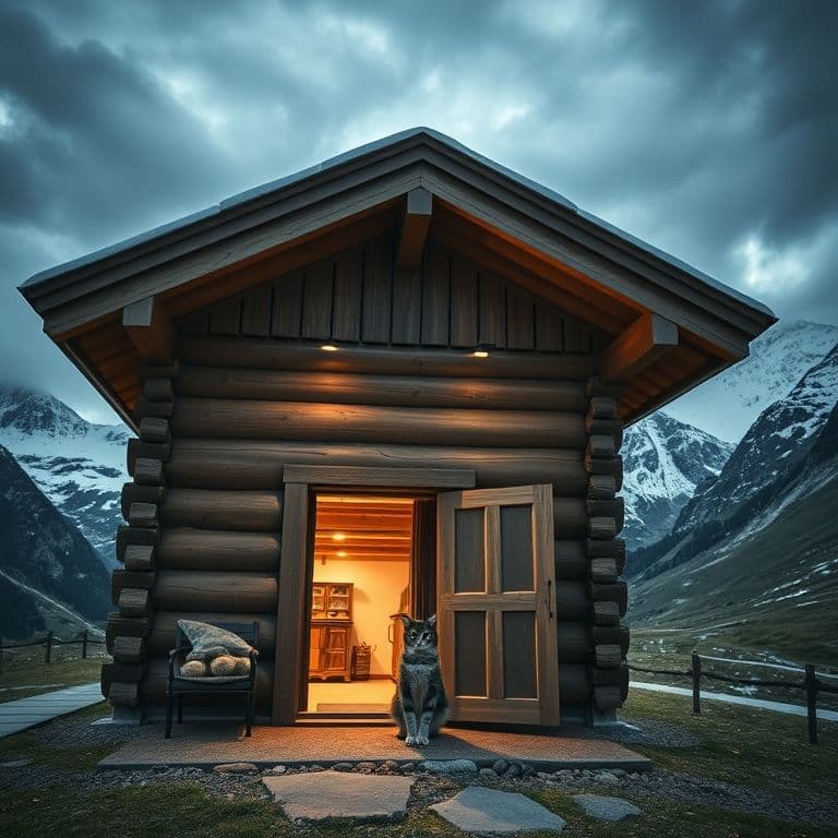 Vista del albergue suizo en las montañas con el gato sentado en la entrada, como un recibimiento.