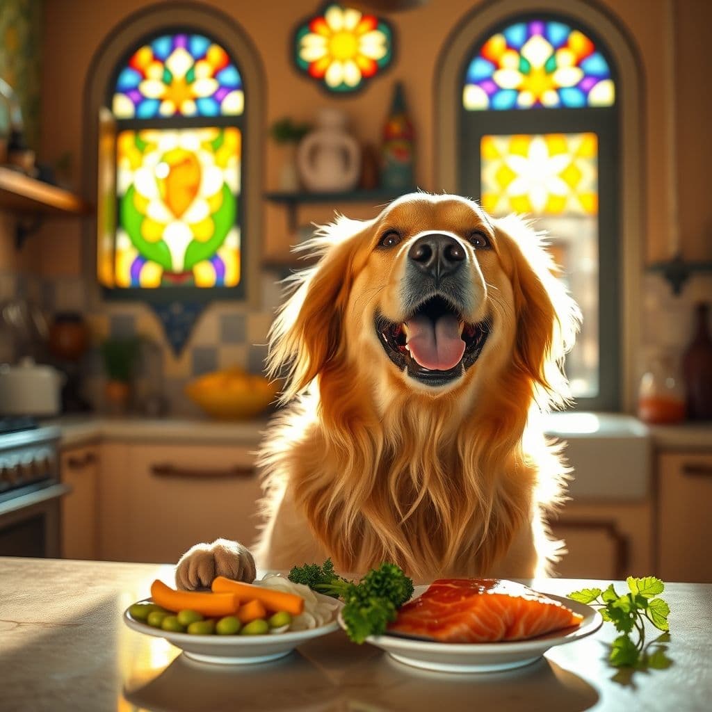 Golden Retriever feliz con pelaje brillante comiendo comida saludable