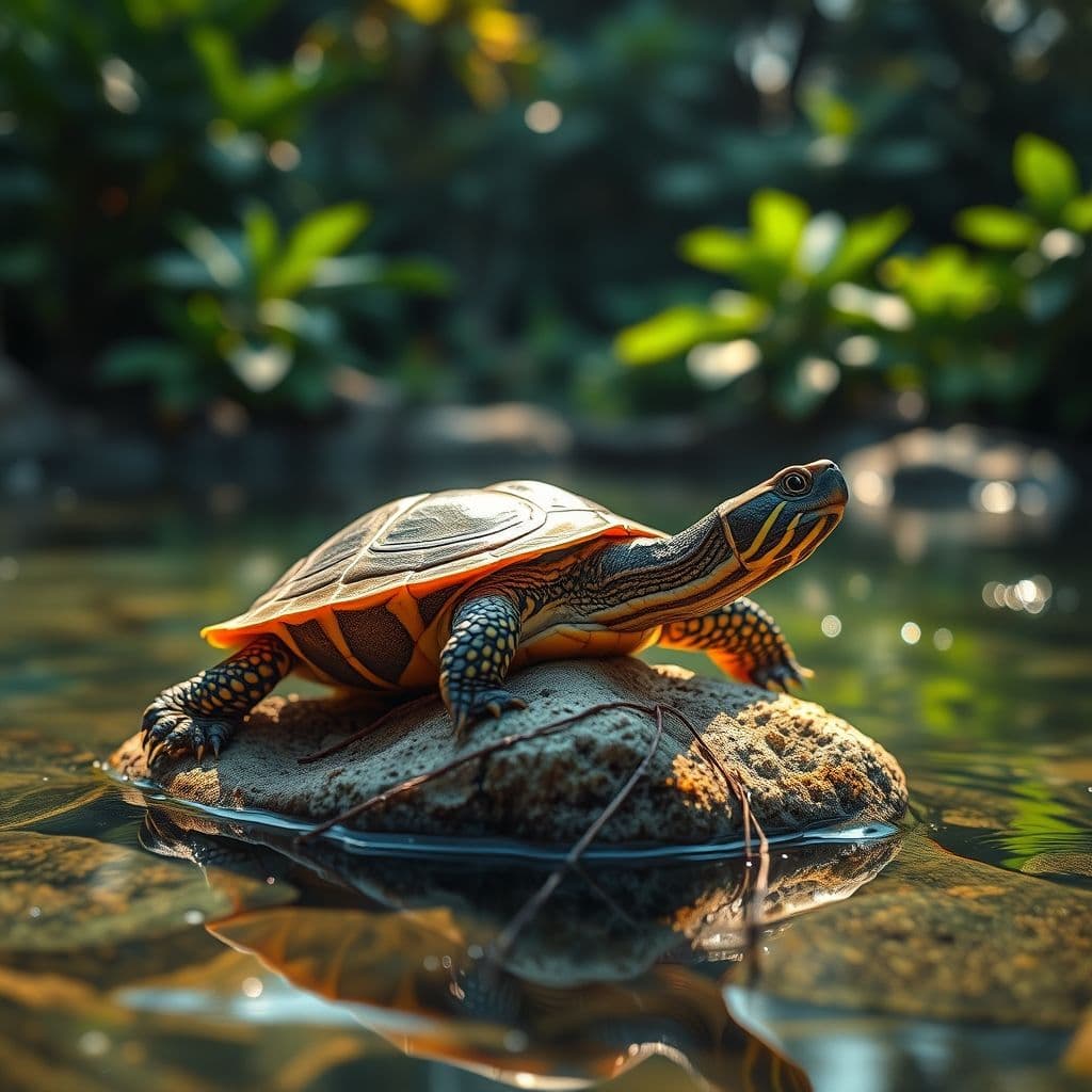 Tortuga acuática en un hábitat bien equipado con zona seca y agua limpia.