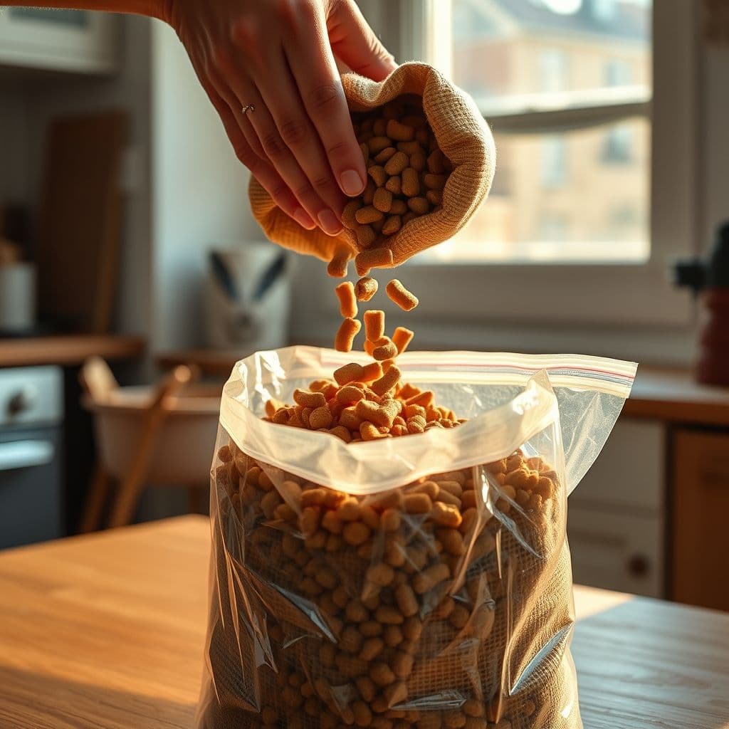 Persona llenando bolsa de plástico con pienso para perros con las manos