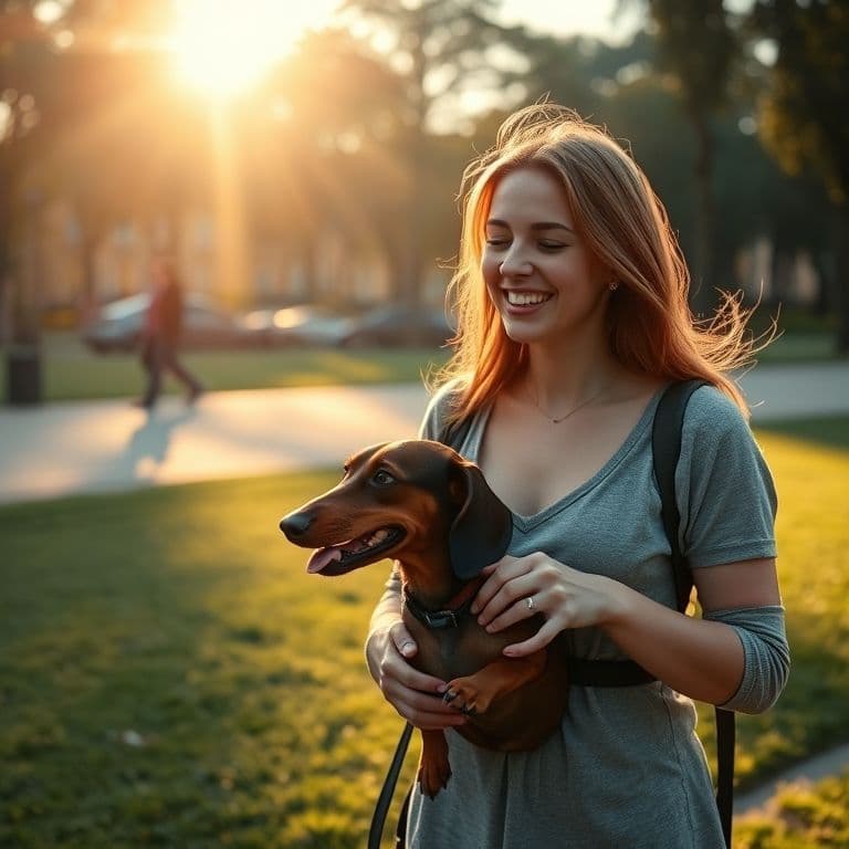 Mujer y su perro teckel disfrutando de un paseo al atardecer