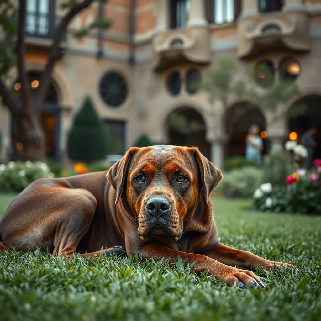 Labrador dorado de 15 años descansando tranquilamente en el jardín