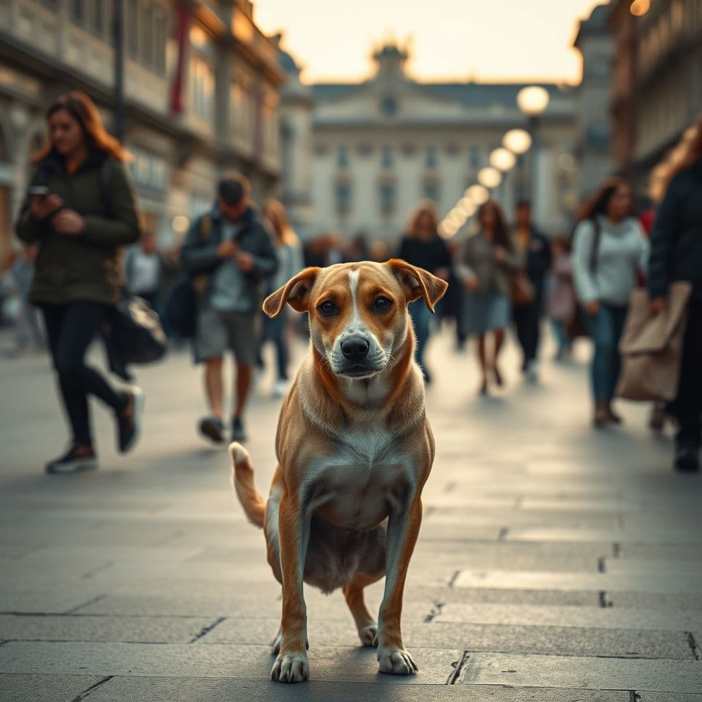 Perro mostrando signos de estrés en un entorno urbano.