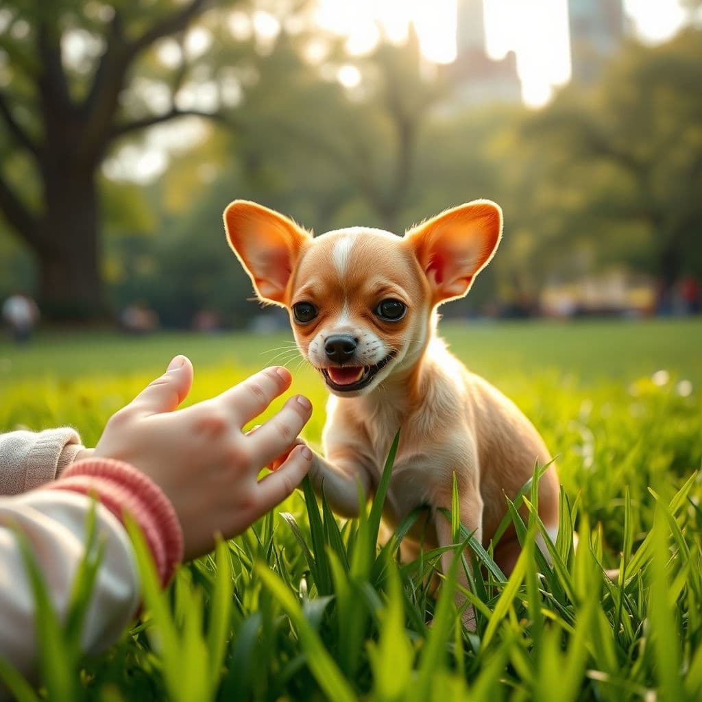 Chihuahua mini toy socializando con niños en parque seguro