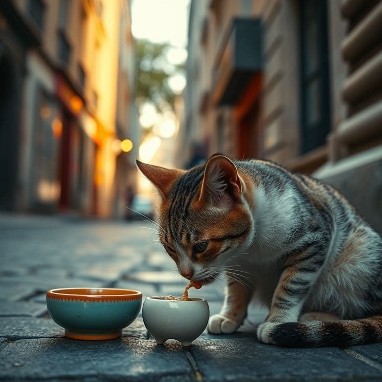 Gato callejero comiendo de un plato en una zona urbana al atardecer, representando una colonia felina gestionada