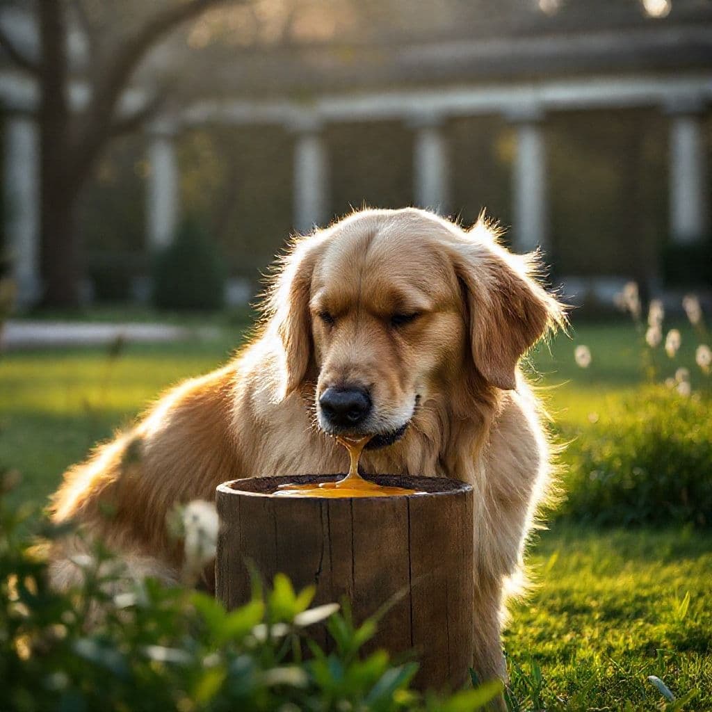 Perro feliz comiendo miel de una cuchara con piel sana