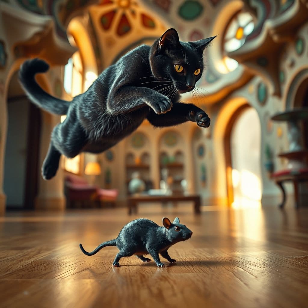 Gato persiguiendo un juguete de ratón en el suelo.