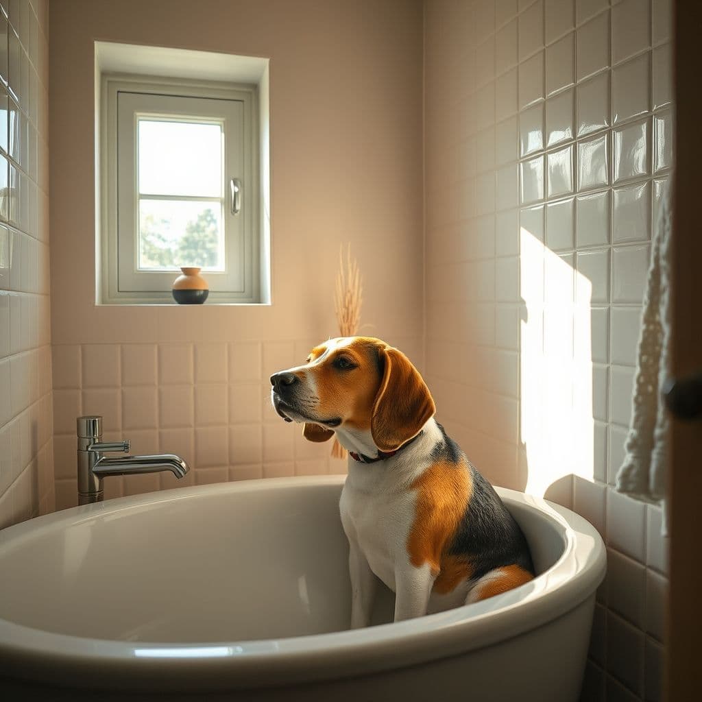 Dueño pesando a su perro en casa con báscula doméstica