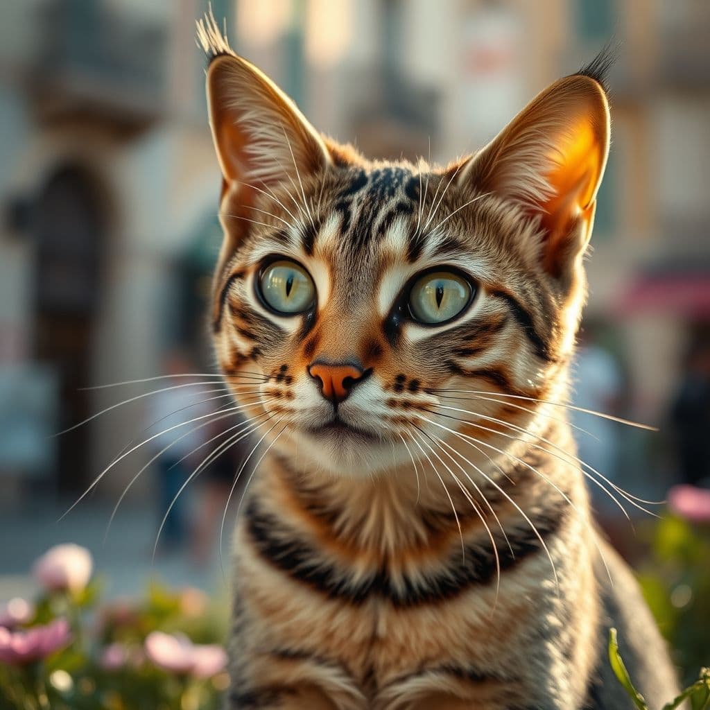 Gatita callejera de pelo corto marrón con ojos expresivos recibiendo comida y cariño en un entorno urbano